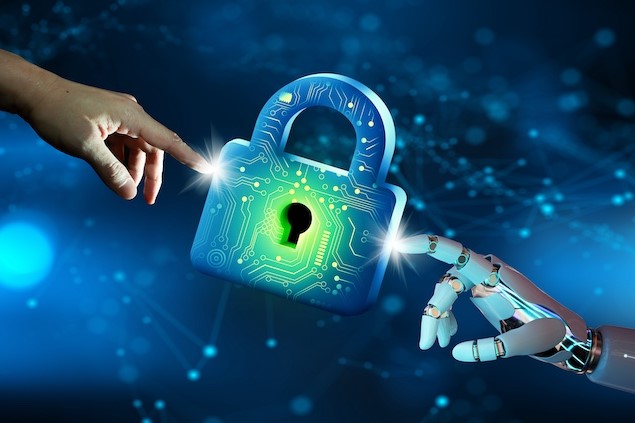 human hand and artificial hand touching cyber lock