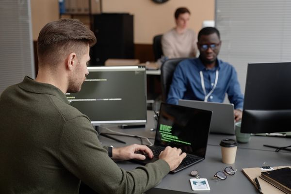 cybersecurity professionals working on laptops