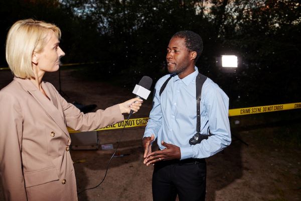 reporter interviewing crime scene investigator