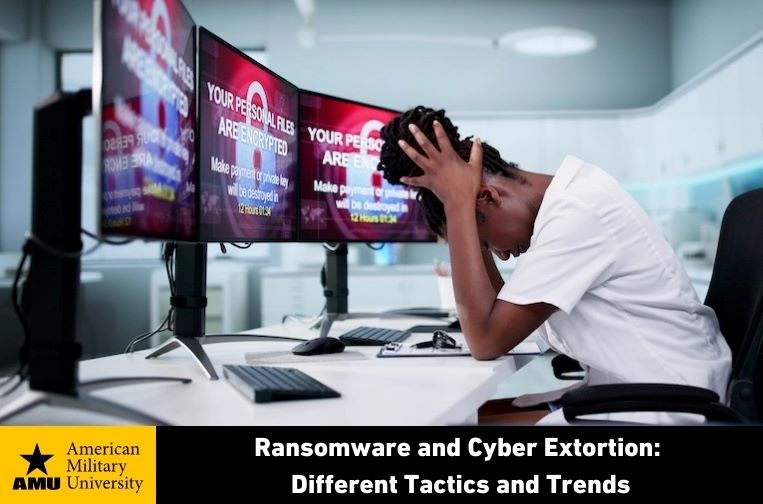 girl at computer with ransomware on screen