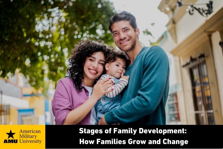 family of three smiling in front of home