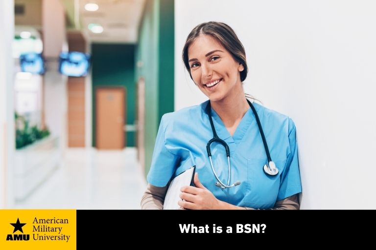 BSN standing in hospital hallway